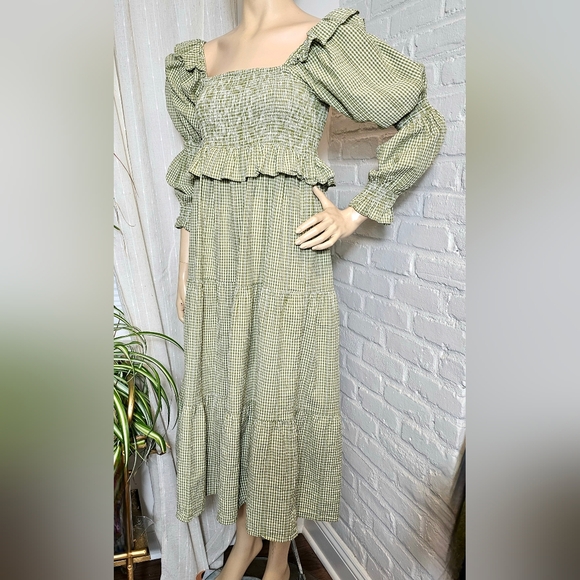 frances hart Dresses & Skirts - Frances Hart Maternity Green Gingham Smocked Midi Dress Silver Thread Size M